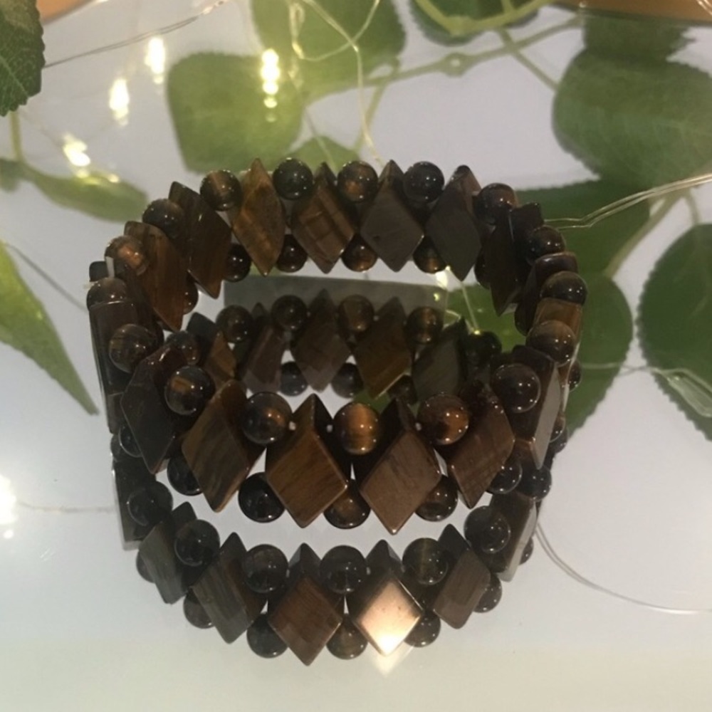 Tiger’s Eye Stone Stretch Bracelet Geometric Diamond Shapes With Round Beads